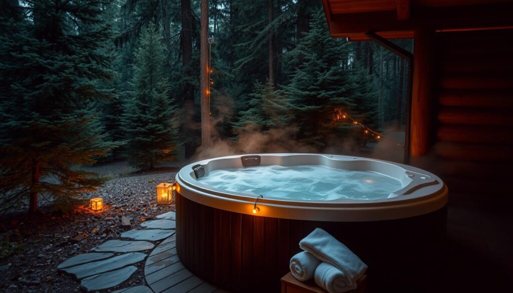 A cozy, dimly-lit outdoor hot tub nestled in a secluded forest clearing. Steaming water gently ripples, surrounded by lush evergreen foliage and warm, golden lighting. Soft, romantic mood lighting casts a gentle glow, setting an intimate atmosphere. The tub is situated on a wooden deck, with a stone pathway leading up to it. A pair of fluffy white towels are neatly folded nearby, inviting relaxation. The scene evokes a sense of tranquility and escape, perfect for a romantic weekend getaway.