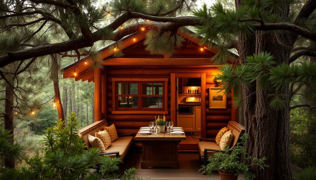 A cozy dining area nestled within the lush East Texas pine forest. A rustic wooden treehouse structure, adorned with warm lights and surrounded by verdant foliage. Plush seating and a sturdy dining table invite guests to savor local cuisine under the canopy of towering pines. Soft, diffused sunlight filters through the branches, creating a magical, inviting ambiance. The scene evokes a sense of natural harmony, where the comforts of home blend seamlessly with the tranquility of the great outdoors. A perfect setting to celebrate the flavors and traditions of the region.