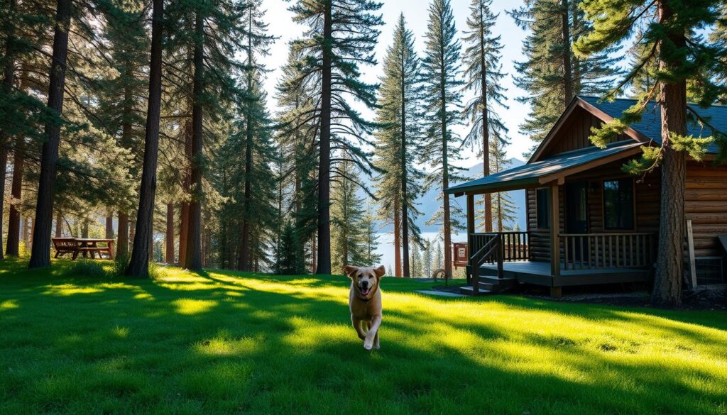 A cozy, dog-friendly cabin nestled in the lush, evergreen forests near the serene shores of Lake Tahoe. In the foreground, a well-fenced yard with a playful, energetic golden retriever bounding through the soft, verdant grass. Dappled sunlight filters through the tall pines, casting a warm, inviting glow over the scene. The cabin's rustic exterior, with its weathered wood siding and inviting porch, blends seamlessly into the natural landscape. In the background, the majestic Sierra Nevada mountains rise up, their snow-capped peaks touching the endless blue sky. An atmosphere of tranquility and outdoor adventure permeates the image, perfectly capturing the essence of a dog-friendly retreat near the iconic Lake Tahoe.