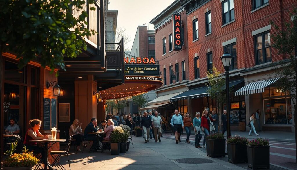 A cozy downtown scene of Ann Arbor, Michigan, bathed in the warm glow of afternoon sunlight. In the foreground, a quaint cafe with outdoor seating bustles with patrons sipping artisanal coffee and savoring local bites. The middle ground features a lively music venue, its facade adorned with neon signs and a crowd of music enthusiasts spilling onto the sidewalk. In the background, a row of historic brick buildings with charming store fronts and awnings create a picturesque, pedestrian-friendly atmosphere. Soft shadows and reflections on the pavement add depth and a sense of ambiance to this inviting, vibrant downtown tableau.