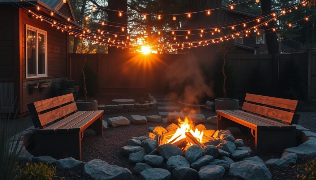 A cozy fire pit nestled in a secluded corner of a tiny home's backyard. The flickering flames cast a warm glow, inviting guests to gather around and bask in the soothing ambiance. The pit is surrounded by smooth river rocks, contrasting with the rough-hewn wooden benches that offer comfortable seating. Overhead, a canopy of twinkling string lights creates a magical, intimate atmosphere. The scene is bathed in the soft, golden light of a setting sun, casting long shadows and creating a sense of tranquility. This inviting retreat offers a perfect place to unwind, connect with nature, and elevate the tiny home experience.