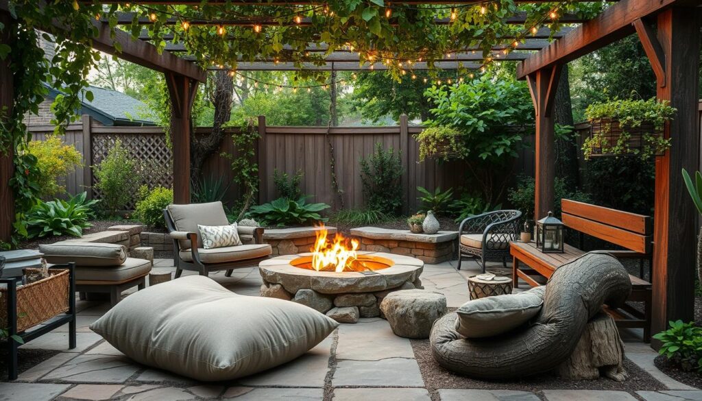 A cozy fire pit nestled in a secluded outdoor oasis, surrounded by lush greenery and natural stone accents. Gentle flames flicker, casting a warm glow over comfortable lounge chairs and a plush, oversized floor cushion. Rustic wooden benches and a weathered log provide additional seating options. Overhead, a pergola-style structure with trailing vines creates a sense of intimacy, while string lights add a touch of ambiance. The scene evokes a serene, rejuvenating atmosphere, perfect for unwinding and reconnecting with nature.