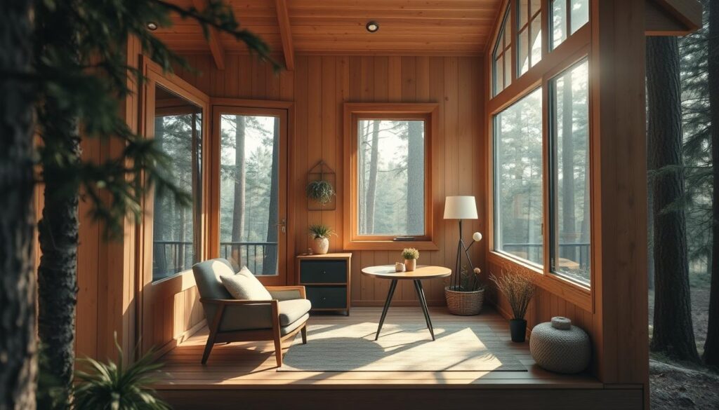 A cozy forest cottage nestled among towering pines, its warm wooden exterior and large windows inviting natural light. Inside, a minimalist yet comfortable living space, with a plush armchair and a small table for simple meals. Soft textures, muted earth tones, and carefully placed decorative elements create an atmosphere of tranquility and connection with the surrounding nature. Sunlight filters through the windows, casting a gentle glow and highlighting the clean, uncluttered design. The cottage exudes a sense of simplicity, comfort, and a restorative connection to the peaceful forest environment.