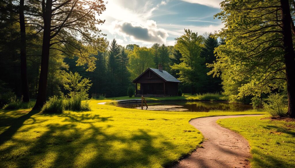 A cozy forest retreat nestled in the heart of Tennessee, bathed in the warm glow of natural light. A charming wooden cottage sits amidst a lush, verdant landscape, inviting solace and spiritual reflection. Wispy clouds drift overhead, casting gentle shadows on the scene. A tranquil pond reflects the surrounding trees, creating a serene and calming atmosphere. In the foreground, a winding path leads to the cottage, inviting visitors to embark on a journey of self-discovery. This peaceful haven offers a sanctuary for solo seekers, couples, groups, and retreat leaders, providing a space to disconnect from the outside world and reconnect with the inner self.