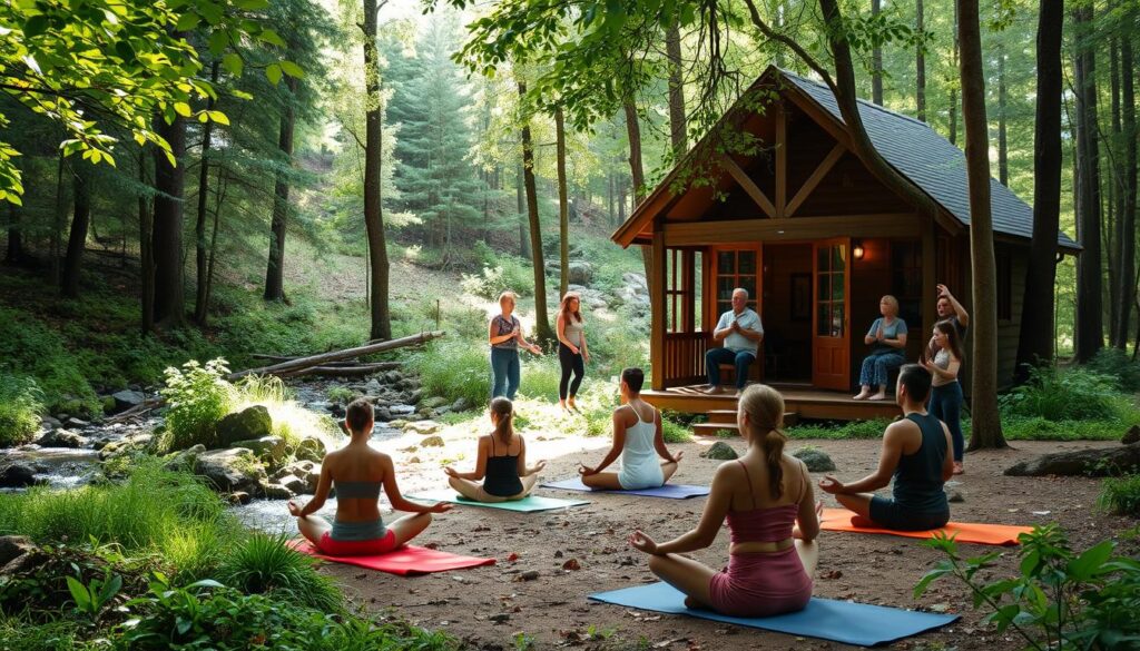 A cozy forest setting with a wooden cabin in the background, surrounded by lush greenery and a clear stream running nearby. In the foreground, a group of people engaged in various holistic activities - some meditating on yoga mats, others practicing tai chi or participating in a guided nature walk. Soft, diffused lighting filters through the canopy, creating a serene and rejuvenating atmosphere. The scene conveys a sense of connection with the natural world and a peaceful retreat from the demands of everyday life.
