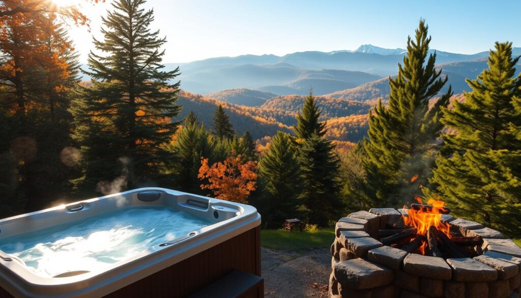A cozy hot tub nestled in the lush, rolling hills of Western North Carolina, surrounded by a towering forest of vibrant evergreens. Sunlight filters through the canopy, casting a warm, golden glow over the steaming waters. In the distance, majestic Blue Ridge Mountains rise up, their peaks dusted with a light layer of snow. The tranquil scene is punctuated by the flickering flames of a stone firepit, inviting guests to relax and soak in the serene, natural beauty of this peaceful retreat.