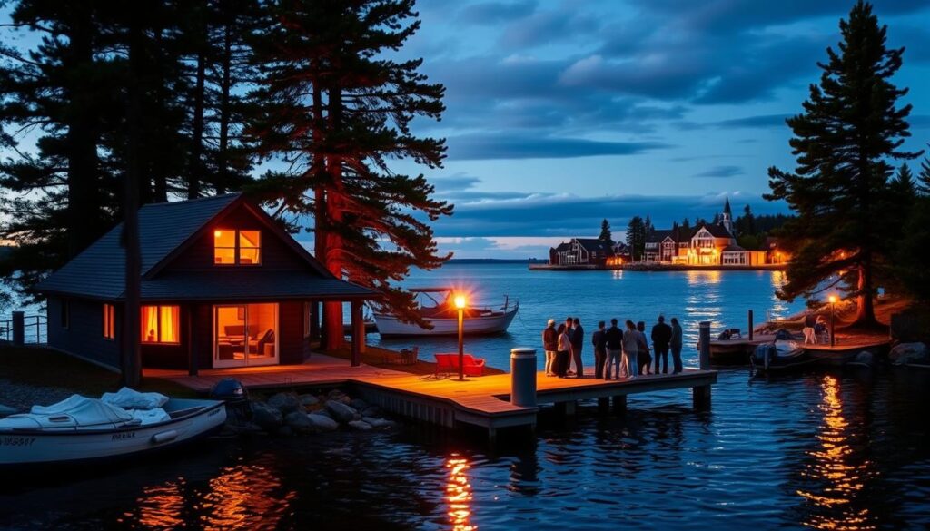 A cozy lakeside cabin nestled among towering pines, its warm lights casting a golden glow over the tranquil waters of Lake Michigan at dusk. A group of friends gather on the dock, gazing out at the serene harbor as the last rays of the setting sun dance across the gently lapping waves. In the distance, the quaint town of Harbor Springs sits perched on the shore, its historic buildings and charming shops hinting at the soulful escapes to be found in this picturesque corner of Michigan. The scene is bathed in a soft, golden light, creating an atmosphere of relaxation and rejuvenation perfect for a ski-to-lake weekend getaway.