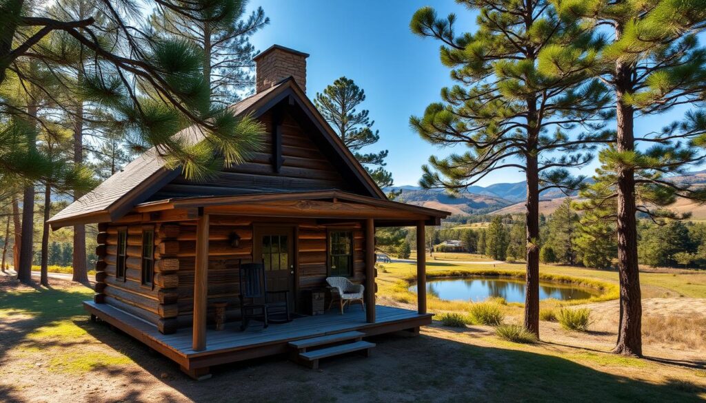 A cozy log cabin nestled in a lush, forested Texas landscape, sunlight filtering through the trees and casting a warm glow on the weathered wood exterior. In the foreground, a charming porch with a rocking chair invites you to sit and take in the serene, natural surroundings. The cabin's steep, pitched roof and stone chimney add to the rustic, off-grid charm. In the middle ground, a small lake or pond reflects the cabin and the towering pines that frame the scene. The background features rolling hills and a clear, blue sky, creating a peaceful, tranquil atmosphere perfect for a soul-searching retreat.