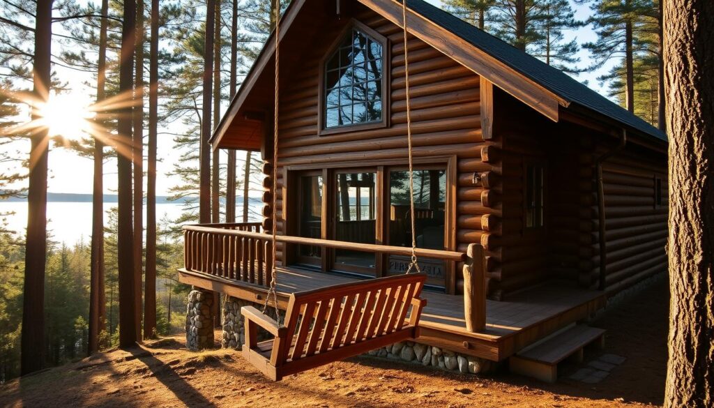 A cozy log cabin nestled in a picturesque forest, with a large wrap-around porch overlooking a serene lake. The cabin has a rustic yet charming exterior, with weathered wood siding and a stone foundation. Sunlight filters through the tall pine trees, casting a warm, golden glow over the scene. In the foreground, a wooden swing hangs from the porch, inviting visitors to sit and take in the peaceful surroundings. The cabin's interior is visible through the large windows, hinting at the comfortable and well-appointed living spaces within. The overall atmosphere evokes a sense of tranquility and relaxation, perfectly suited for a peaceful rental getaway near Mackinac Island, Michigan.