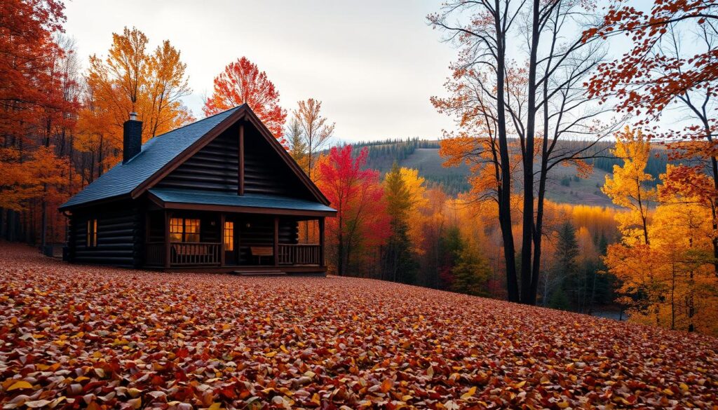 A cozy log cabin nestled in a vibrant, autumnal landscape. The cabin stands in the foreground, its wooden exterior adorned with a welcoming porch and warm lighting peeking through the windows. In the middle ground, a carpet of fallen leaves in shades of gold, orange, and crimson covers the forest floor, leading the eye towards a gently rolling hill in the background. Sunlight filters through the canopy of colorful trees, casting a soft, ambient glow over the entire scene. The atmosphere is one of tranquility and rustic charm, inviting the viewer to imagine curling up by the fireplace and taking in the breathtaking fall foliage. A cozy log cabin nestled in a vibrant, autumnal landscape. The cabin stands in the foreground, its wooden exterior adorned with a welcoming porch and warm lighting peeking through the windows. In the middle ground, a carpet of fallen leaves in shades of gold, orange, and crimson covers the forest floor, leading the eye towards a gently rolling hill in the background. Sunlight filters through the canopy of colorful trees, casting a soft, ambient glow over the entire scene. The atmosphere is one of tranquility and rustic charm, inviting the viewer to imagine curling up by the fireplace and taking in the breathtaking fall foliage.