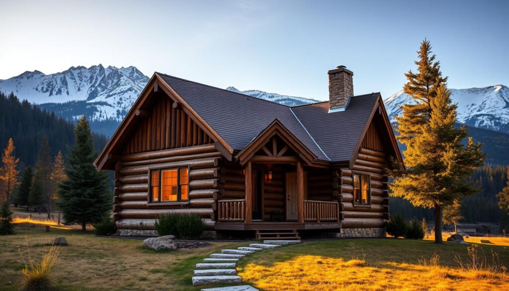 A cozy log cabin nestled in the heart of the Leavenworth, Washington countryside. The rustic exterior is adorned with wooden siding and a charming gable roof, blending seamlessly with the surrounding alpine landscape. Tall, snow-capped peaks loom in the distance, creating a picturesque backdrop. Warm, golden light filters through the cabin's windows, casting a inviting glow and hinting at the comforts within. In the foreground, a well-trodden path leads to the cabin's front door, inviting visitors to step inside and experience the peaceful solitude of this mountain retreat.
