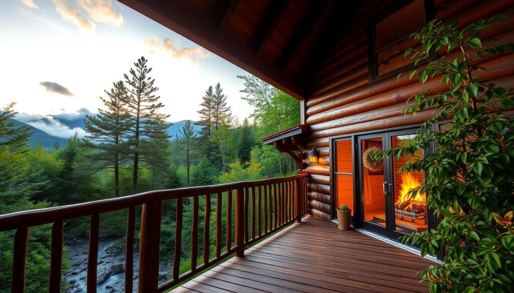 A cozy log cabin nestled in the lush, verdant forest of the Smoky Mountains, bathed in the warm glow of the setting sun. The inviting porch overlooks a serene mountain stream, its gentle murmur a soothing soundtrack. Wispy clouds drift lazily overhead, casting soft shadows on the wooden deck. Tall pines and vibrant foliage frame the scene, creating a peaceful sanctuary away from the world. Inside, a roaring fireplace casts a comforting ambiance, beckoning you to unwind and find respite in this natural haven. A tranquil, rejuvenating retreat in the heart of Western North Carolina's Smokies.