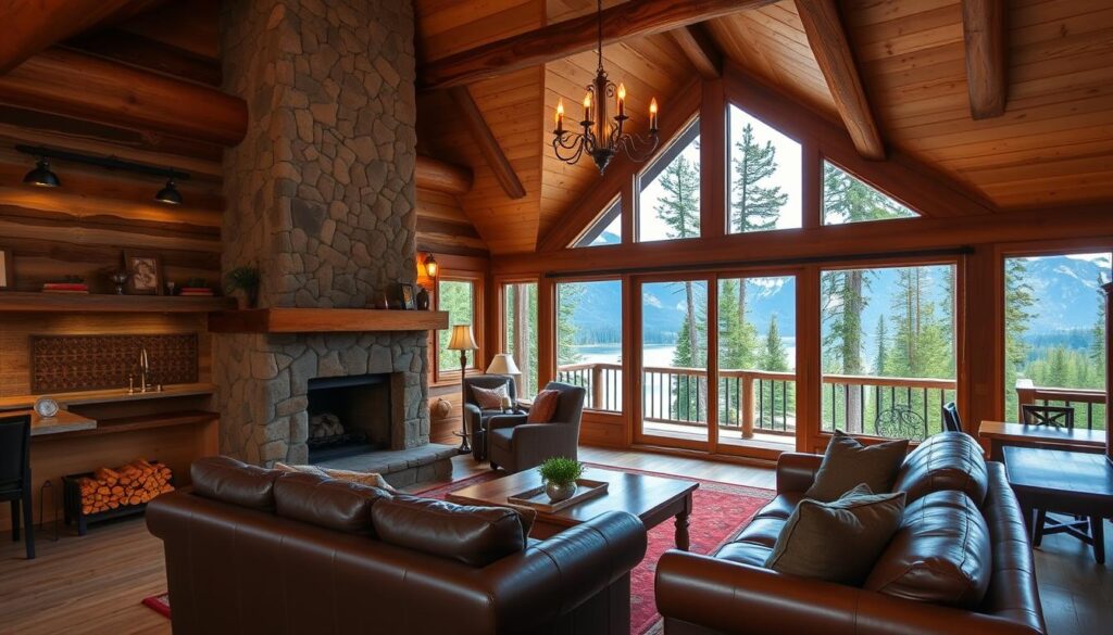 A cozy log cabin nestled in the lush, verdant forests of Yosemite, California. The rustic exterior, with its weathered wood and stone chimney, exudes a warm, inviting atmosphere. Large picture windows offer panoramic views of the majestic mountains and serene, glacial lakes beyond. Inside, the cabin features a spacious living area with a grand, stone fireplace, casting a soft, golden glow. Plush, leather furniture and beamed ceilings create a sense of refined, yet comfortable, luxury. The well-equipped kitchen, with its gleaming appliances and wooden countertops, beckons guests to indulge in local, farm-fresh cuisine. Sliding glass doors lead to a peaceful, wraparound deck, where one can sip hot cocoa and gaze at the twinkling stars. This cabin offers the perfect blend of rustic charm and modern amenities, promising a truly soulful and secluded escape in the heart of Yosemite.