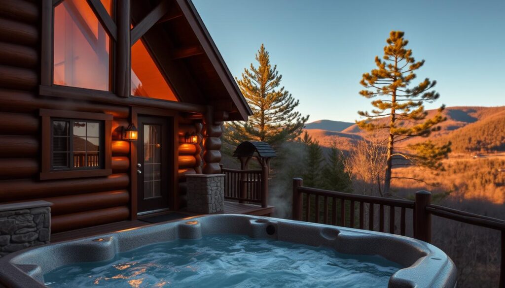 A cozy log cabin nestled in the serene Smoky Mountains, its exterior adorned with rustic wood and stone. In the foreground, a luxurious hot tub beckons, steam rising gently into the crisp mountain air. The cabin is bathed in warm, golden lighting, creating a inviting and tranquil atmosphere. In the background, towering pine trees and rolling hills set the stage for this idyllic retreat. The scene evokes a sense of relaxation and reconnection with nature, perfect for a soulful escape in the heart of Tennessee.