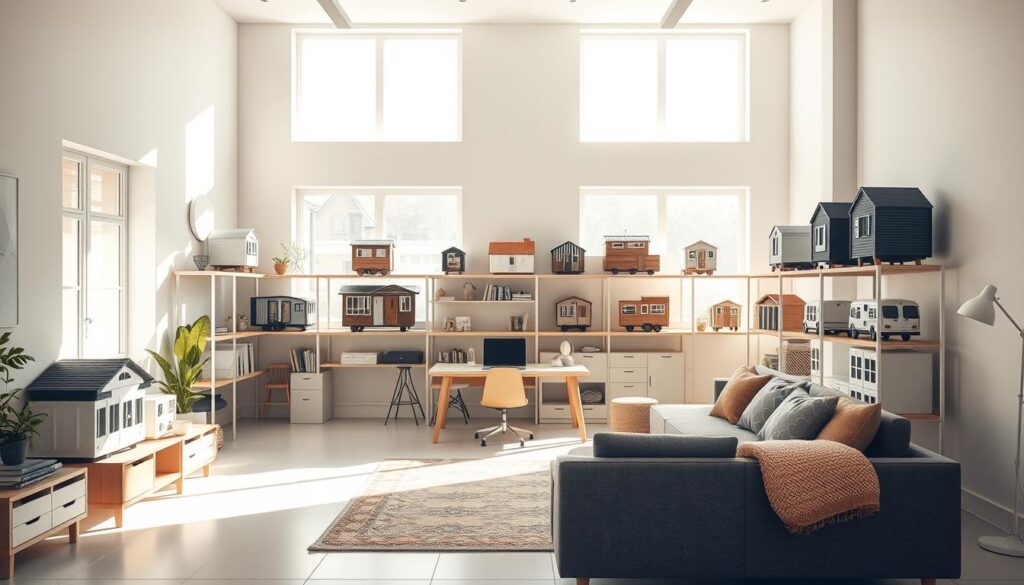 A cozy models showcase in a sunlit, minimalist studio space. Soft, natural lighting filters through large windows, casting a warm glow on the clean, Scandinavian-inspired furniture and decor. In the foreground, a variety of tiny home models in different sizes and configurations are neatly arranged on shelves, inviting the viewer to imagine the possibilities. The middle ground features a simple, modern desk with a laptop and a few design materials, hinting at the planning and customization process. The background blends seamless white walls and floors, creating a serene, uncluttered atmosphere that allows the models to take center stage.