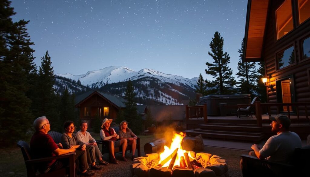 A cozy mountain cabin nestled in the Colorado Rockies, surrounded by lush evergreen forests and towering snow-capped peaks. In the foreground, a group of guests enjoy a relaxing outdoor retreat, sitting by a crackling fire pit and gazing up at the starry night sky. The warm glow of the fire illuminates their faces, creating a tranquil and rejuvenating atmosphere. In the middle ground, the cabin's rustic exterior is accented by a wooden deck and a hot tub, inviting visitors to unwind and connect with nature. The background is filled with a serene mountain landscape, bathed in soft, natural light, conveying a sense of peace and spiritual renewal.