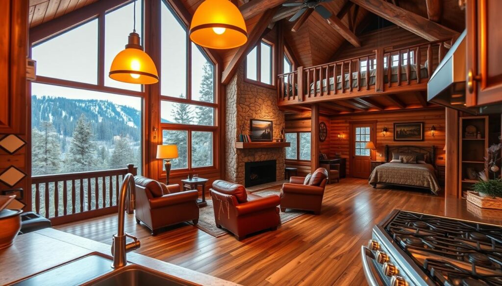 A cozy mountain cabin nestled in the Sierra Nevada, California. In the foreground, a rustic kitchen with warm wood cabinetry, a farmhouse-style sink, and a gleaming gas stove. In the middle ground, a spacious living room with plush leather armchairs and a stone fireplace, surrounded by large windows offering panoramic views of the pine-covered slopes. Upstairs, a lofted bedroom with exposed beams, a comfy king-sized bed, and a reading nook overlooking the serene forest landscape. Soft lighting from pendant fixtures and a crackling fire create a inviting, relaxed atmosphere. Captured with a wide-angle lens to showcase the cabin's charming features and the breathtaking natural surroundings.