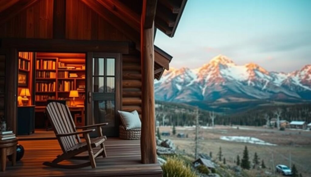 A cozy mountain cabin nestled in the heart of Crested Butte, Colorado, with a sweeping view of the surrounding peaks. The foreground features a wooden porch with a comfortable chair, perfect for an aspiring writer to sit and gaze out at the stunning natural scenery. The middle ground showcases a well-appointed interior, with a fireplace, a desk, and shelves filled with books. The background depicts the iconic Elk Mountains, bathed in warm, golden light, creating a serene and contemplative atmosphere. The scene evokes a sense of tranquility, inspiration, and the perfect creative hideaway for those seeking solace and rejuvenation.