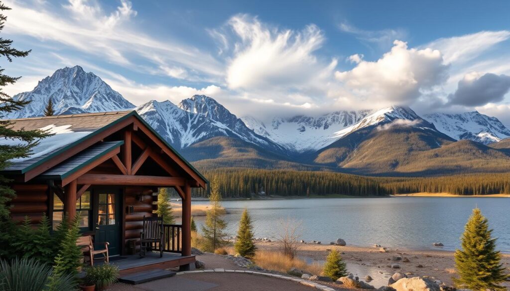 A cozy mountain retreat center directory, nestled amidst the majestic peaks of Colorado. In the foreground, a rustic wooden cabin with a welcoming porch, adorned with lush greenery and a charming rocking chair. The middle ground showcases a serene lake, its still waters reflecting the surrounding forest and snow-capped mountains. In the background, a breathtaking panorama of rugged, snow-dusted peaks, bathed in warm, golden light filtering through wispy clouds. The overall scene exudes a sense of tranquility, inviting visitors to embark on a journey of spiritual renewal and connection with nature.