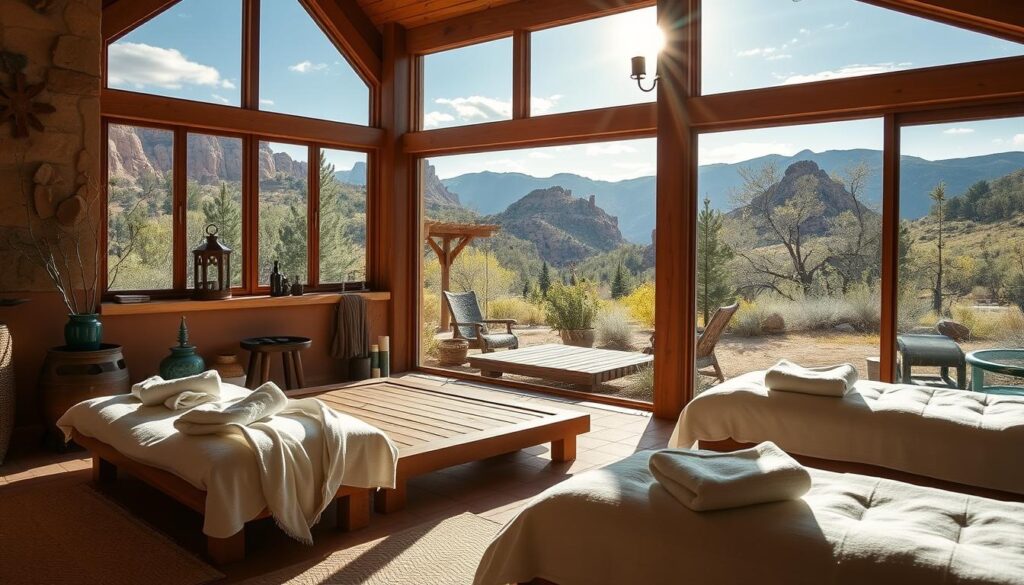 A cozy mountain retreat nestled in the stunning landscape of the Garden of the Gods in Colorado. A tranquil spa oasis offering holistic wellness packages, including rejuvenating massages, soothing facials, and nourishing body treatments. Sunlight streams through large windows, casting a warm glow on the earthy, organic decor. A wooden meditation platform overlooks a serene garden, inviting guests to find inner peace. Plush robes and slippers await, setting the stage for a luxurious, restorative experience. Serene, neutral tones create a calming ambiance, while thoughtful details like locally sourced botanical accents and natural stone elements evoke the region's natural beauty.