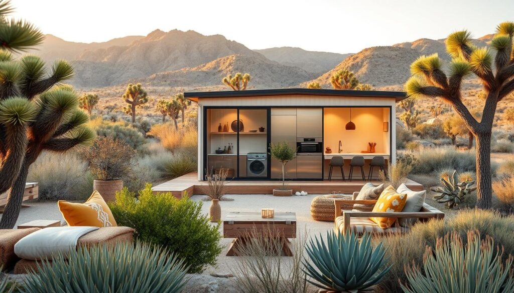 A cozy oasis in the heart of Joshua Tree, California's desert landscape. In the foreground, an inviting outdoor seating area with plush cushions and rustic wooden furniture, framed by lush desert flora and succulents. The middle ground features a modern, minimalist tiny home with clean lines, large windows allowing natural light to flood the interior, and a sleek, minimalist kitchen. In the background, the iconic Joshua trees and rugged, rolling hills create a serene, tranquil atmosphere, bathed in warm, golden desert light. The overall mood is one of relaxation, comfort, and a deep appreciation for the beauty of the Californian desert.