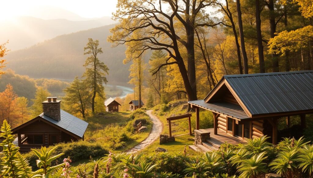 A cozy off-grid cabin nestled in a lush, forested valley near the winding Tennessee River. Rustic wooden structures with tin roofs and stone chimneys stand in the foreground, surrounded by a carpet of ferns and wildflowers. In the middle ground, a hiking trail winds its way through the underbrush, leading the eye towards the distant mountains shrouded in a soft haze. Warm, golden sunlight filters through the canopy of towering oak and maple trees, casting a gentle glow over the peaceful scene. An atmosphere of tranquility and seclusion pervades, inviting the viewer to escape the stresses of everyday life and immerse themselves in the serene beauty of nature.