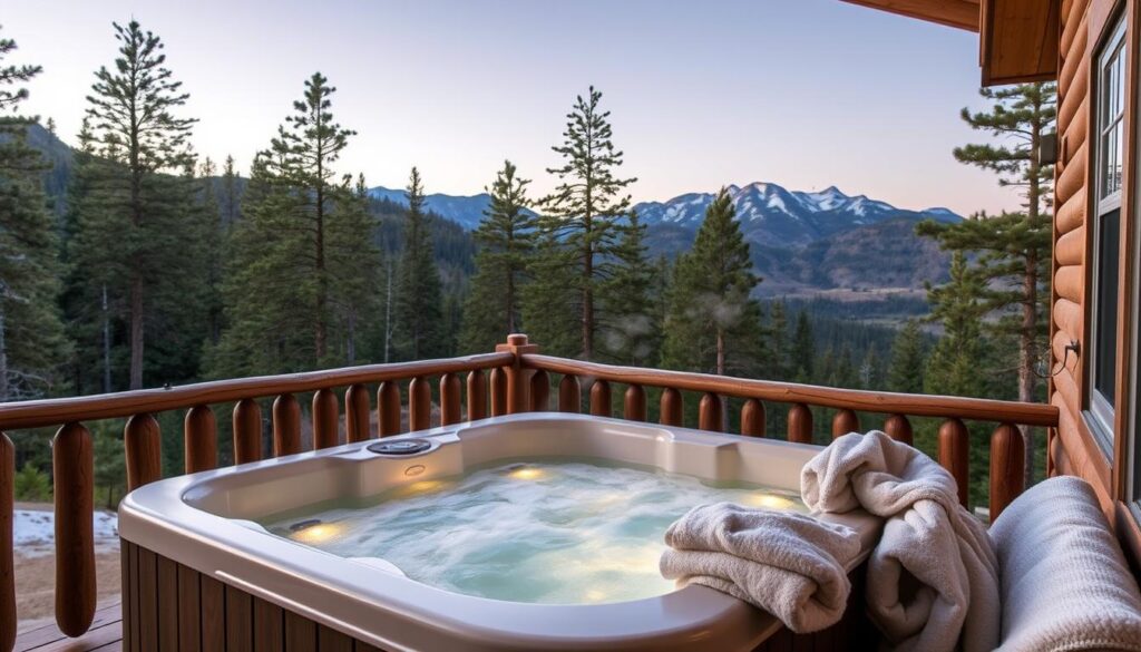 A cozy, off-grid cabin nestled in the lush Sierra Nevada mountains, its wooden deck featuring a steaming hot tub surrounded by tall pines and mountain vistas. The tub is made of natural, non-toxic materials, its soothing waters aglow with soft, natural lighting. Plush, eco-friendly towels and robes are neatly folded nearby, inviting visitors to sink into a state of pure relaxation and rejuvenation after a day of exploring the wilderness. The overall atmosphere exudes a rustic, yet luxurious ambiance, perfectly complementing the serene mountain setting.