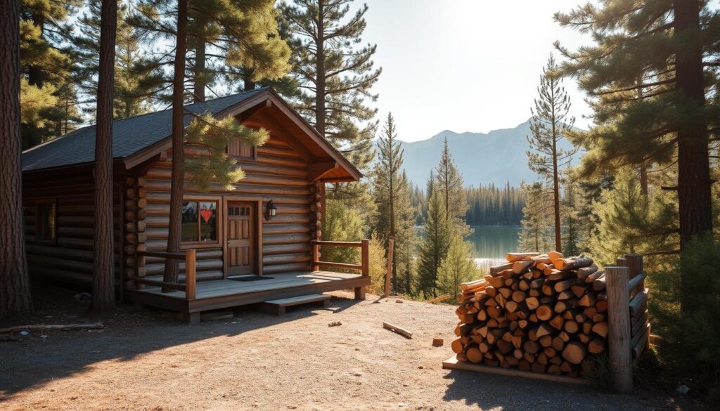 A cozy off-grid cabin nestled in the lush forests of Nevada City, California. The log structure stands tall, its weathered facade complementing the surrounding pine trees. Sunlight filters through the canopy, casting a warm glow on the cabin's porch and windows. In the foreground, a neatly stacked pile of firewood hints at the cabin's self-sufficient nature. Beyond, a serene lake reflects the towering mountains in the distance, creating a picturesque wilderness scene. The overall atmosphere evokes a sense of tranquility and escape, inviting the viewer to imagine a peaceful, disconnected retreat in the heart of the Tahoe National Forest.