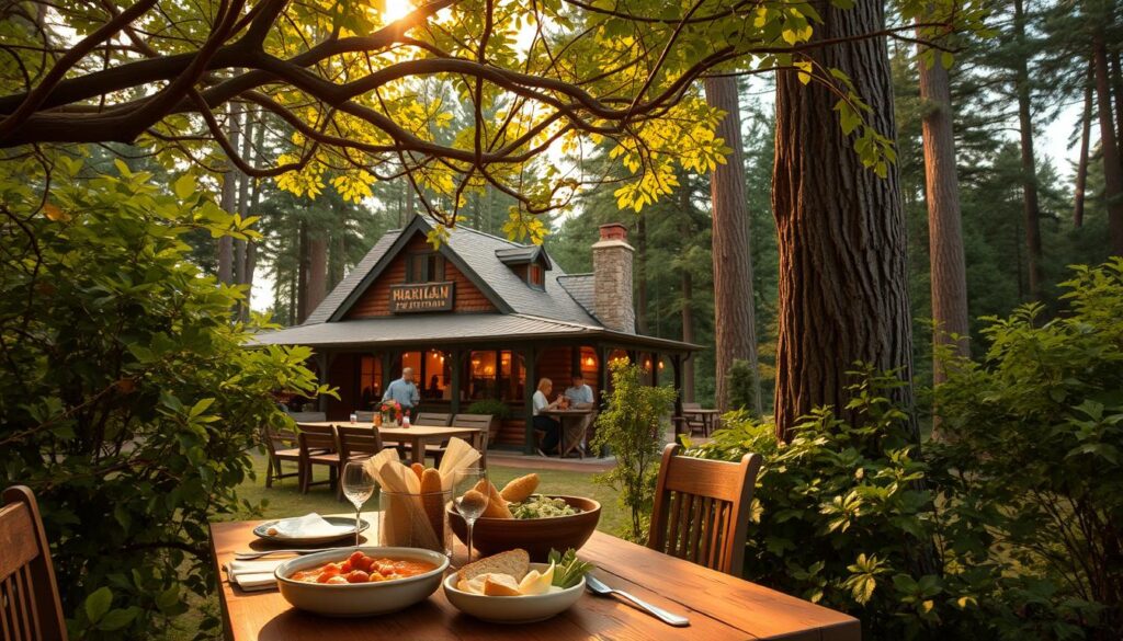 A cozy outdoor dining scene nestled among the lush, verdant foliage of a Michigan forest. In the foreground, a rustic wooden table is set with local delicacies - hearty stews, freshly baked breads, and seasonal produce. Overhead, a canopy of twisting branches filters the warm, golden sunlight, casting a tranquil, intimate atmosphere. In the middle ground, a charming, timber-framed restaurant blends seamlessly with the natural surroundings, its windows aglow with the chatter of diners. The background features a dense, towering forest, the trunks of ancient trees reaching skyward, creating a sense of seclusion and connection to the great outdoors.