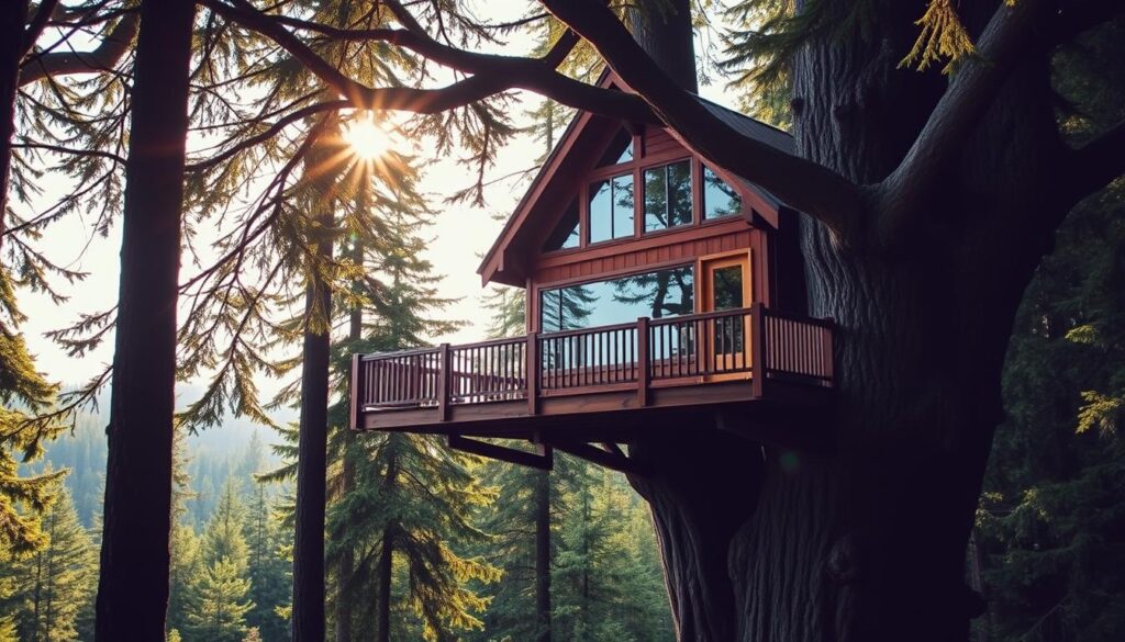 A cozy perch treehouse nestled amidst the lush evergreen canopy of the Olympic Peninsula, Washington. The structure stands atop a robust tree trunk, its wooden beams and panels blending seamlessly with the surrounding foliage. Warm, diffused sunlight filters through the branches, casting a golden glow on the treehouse's exterior. The design features a charming, rustic aesthetic, with large windows offering panoramic views of the verdant forest landscape. A wooden deck extends from the treehouse, providing an idyllic spot to relax and take in the serene, natural surroundings. The scene evokes a sense of tranquility and harmony with the natural world.