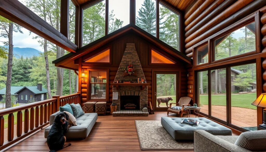 A cozy, pet-friendly cabin nestled in the lush forests of Chattanooga, Tennessee. The rustic exterior features wooden siding and a large, inviting porch, where a furry companion sits, taking in the scenic views. Inside, warm lighting illuminates a comfortable living space with plush furnishings, a stone fireplace, and dog beds for the four-legged guests. Large windows offer panoramic vistas of the surrounding mountains and a well-maintained yard, perfect for outdoor exploration. The cabin exudes a serene, natural ambiance, capturing the essence of an off-grid getaway that welcomes both humans and their beloved pets.
