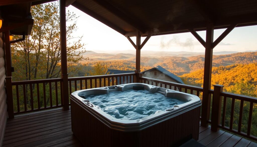 A cozy private hot tub nestled amidst the lush, rolling hills of Tennessee. The tub is surrounded by a well-maintained wooden deck, with a panoramic view of the serene landscape beyond. Warm, golden lighting casts a soft glow, creating a tranquil and intimate atmosphere. Wisps of steam rise from the bubbling water, inviting you to sink in and relax. The overall scene exudes a sense of peaceful seclusion, perfect for elevating your stay in the Tennessee hills.