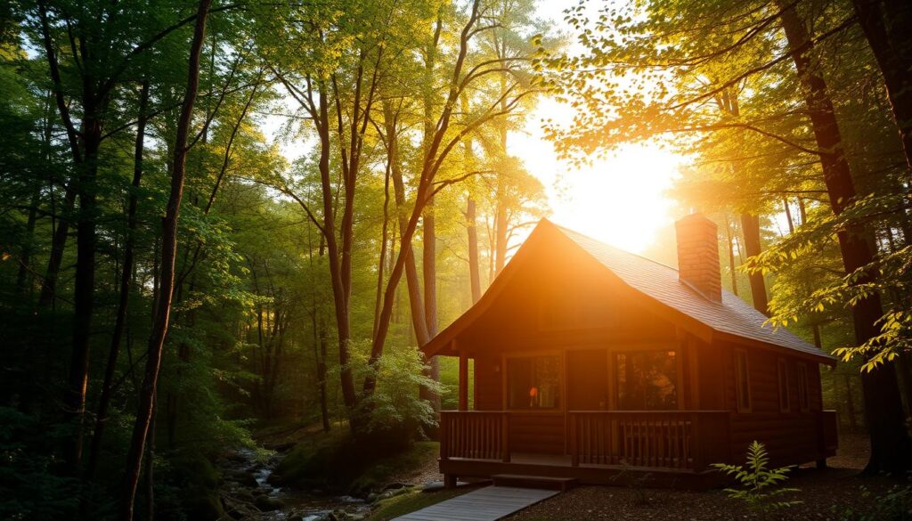 A cozy retreat cabin nestled in a lush forest, surrounded by verdant trees and a tranquil stream. Warm, golden sunlight filters through the canopy, casting a gentle glow on the wooden structure. The cabin's rustic exterior blends seamlessly with the natural landscape, inviting visitors to step inside and experience a sanctuary of solitude and reflection. Wisps of smoke curl from the chimney, hinting at the comfort and coziness within. In the foreground, a small porch offers a serene vantage point to admire the serene forest scene. Soft, diffused lighting and a shallow depth of field create an atmospheric, dreamlike quality, evoking a sense of peaceful escape.