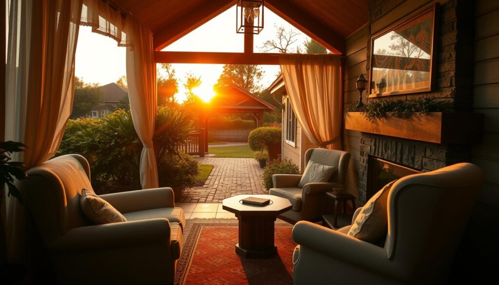 A cozy, romantic bungalow nestled in a serene Birmingham suburb, bathed in the warm glow of a golden hour sunset. Soft, diffused light filters through lace curtains, casting a dreamy, intimate atmosphere. Plush, inviting armchairs and a crackling fireplace invite guests to unwind and escape the stresses of daily life. In the distance, a cobblestone path leads through a verdant garden, hinting at the tranquil outdoor oasis waiting to be explored. The bungalow's charming exterior, with its weathered wooden siding and gabled roof, exudes a sense of timeless elegance, perfectly complementing the idyllic setting.