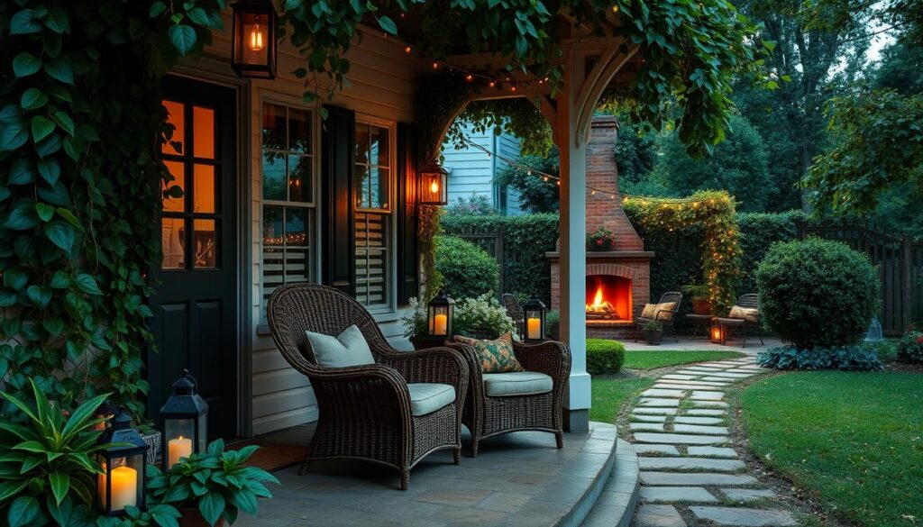 A cozy, romantic porch on a quaint bungalow in Birmingham. The porch is adorned with lush greenery, climbing vines, and potted plants, creating a lush, inviting atmosphere. A pair of plush, oversized wicker chairs sit on the porch, inviting you to sink in and relax with a loved one. Soft, ambient lighting from lanterns and string lights casts a warm, intimate glow, while the distant sounds of a crackling fireplace and gentle birdsong create a serene, tranquil ambiance. The porch overlooks a well-manicured garden, with a path leading to a secluded, private seating area. The overall scene evokes a sense of comfort, intimacy, and enchantment, perfect for a romantic weekend getaway.