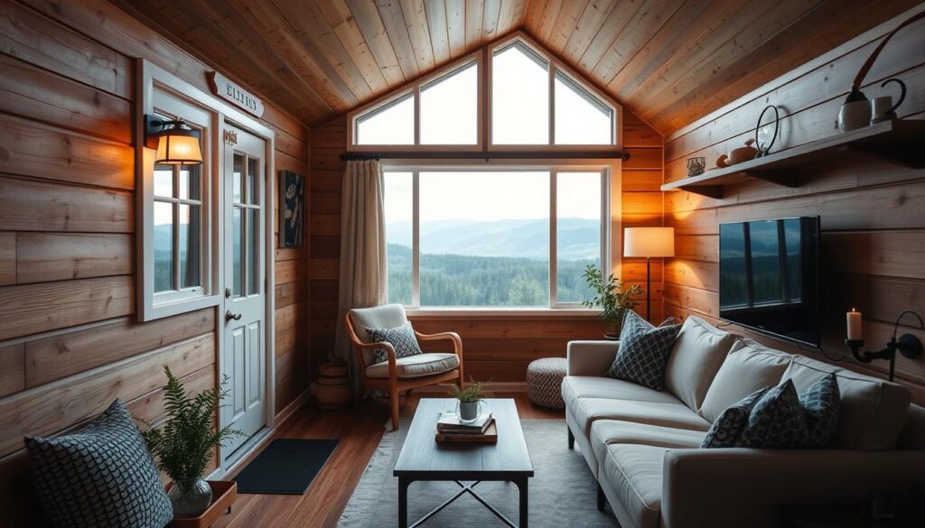 A cozy, romantic tiny home nestled in the picturesque North Carolina countryside. The exterior features a charming wooden facade, a small porch, and a well-manicured yard. Inside, the living space is filled with natural light, warm textures, and minimalist furnishings that create a sense of tranquility. A large window offers a panoramic view of the rolling hills and lush forests beyond. Soft, diffused lighting sets the mood, while the compact yet efficient layout maximizes the space. The overall atmosphere exudes a serene, intimate ambiance, perfect for a couples' retreat.