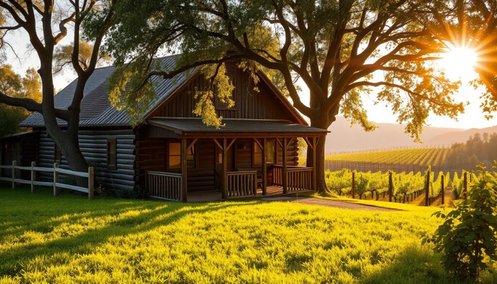 A cozy, rustic cabin nestled amidst the rolling hills of California's wine country, bathed in warm, golden sunlight filtering through the trees. The cabin's weathered wooden exterior, adorned with a charming wraparound porch, invites you to slow down and savor the peaceful serenity of the surroundings. The lush, verdant landscape in the foreground gives way to a backdrop of gently sloping vineyards and distant, hazy mountains. A sense of tranquility and relaxation permeates the scene, capturing the essence of a serene, idyllic retreat in the heart of California's picturesque wine region.