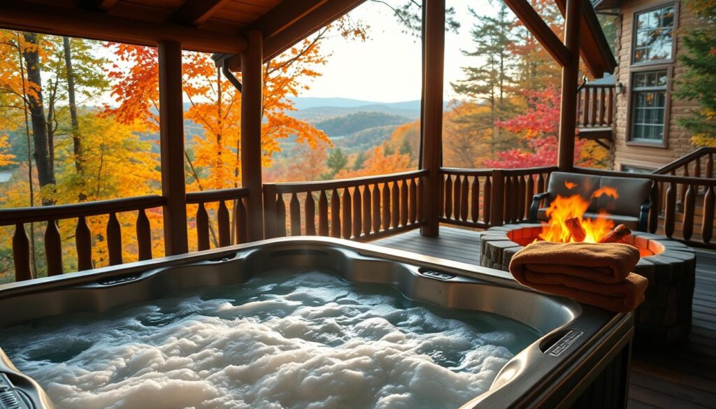 A cozy, rustic cabin nestled in the lush forest of Georgia, with a steaming hot tub on the wooden deck overlooking a crackling fire pit. The cabin is surrounded by vibrant fall foliage, casting a warm, golden glow. A large window in the background reveals a panoramic view of the picturesque landscape. The hot tub is filled with bubbling, inviting water, and plush towels are neatly folded nearby. Soft lighting illuminates the scene, creating a serene and relaxing atmosphere perfect for a soulful cabin retreat during the peak leaf-peeping season. A cozy, rustic cabin nestled in the lush forest of Georgia, with a steaming hot tub on the wooden deck overlooking a crackling fire pit. The cabin is surrounded by vibrant fall foliage, casting a warm, golden glow. A large window in the background reveals a panoramic view of the picturesque landscape. The hot tub is filled with bubbling, inviting water, and plush towels are neatly folded nearby. Soft lighting illuminates the scene, creating a serene and relaxing atmosphere perfect for a soulful cabin retreat during the peak leaf-peeping season.