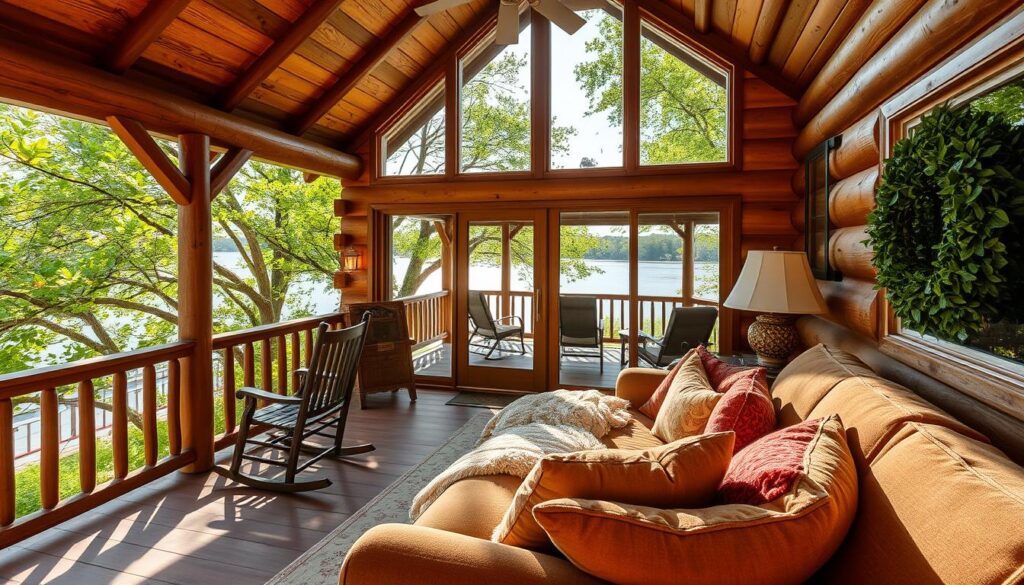 A cozy, rustic cabin nestled in the lush greenery near the shimmering waters of Lake Travis, Texas. The inviting porch, adorned with rocking chairs, beckons guests to relax and soak in the tranquil atmosphere. Inside, the warm, earthy tones of the wooden walls and furnishings create a welcoming ambiance, complemented by the soft glow of natural lighting streaming through the large windows. Plush pillows and cozy blankets adorn the plush sofa, enticing visitors to curl up and enjoy the stunning lakeside views. The cabin's exceptional rating reflects the attention to detail and the commitment to providing a truly memorable, guest-favorite experience amidst the serene beauty of the Texas Hill Country.