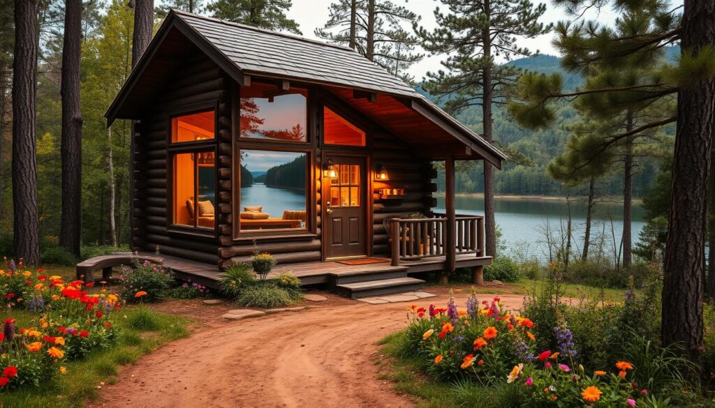 A cozy, rustic cabin nestled in the lush, verdant hills of Georgia, its wooden exterior weathered by time and the elements. The cabin's large windows frame a picturesque scene of a tranquil lake, its glassy surface reflecting the surrounding forest. Soft, warm lighting emanates from within, creating a welcoming atmosphere. In the foreground, a well-maintained dirt path leads to the cabin's entrance, flanked by vibrant wildflowers and towering pines. The overall scene evokes a sense of seclusion, serenity, and a retreat from the hustle and bustle of everyday life.