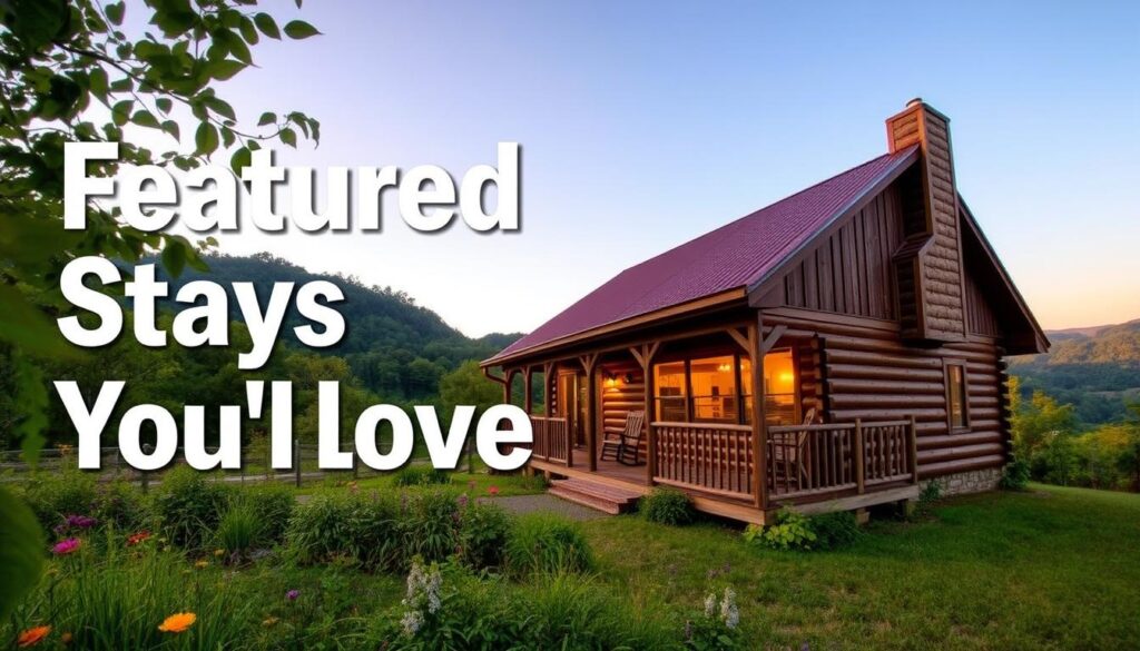A cozy, rustic cabin nestled in the rolling hills of Tennessee, its wooden exterior aglow in the warm afternoon light. In the foreground, a charming porch with rocking chairs invites visitors to sit and soak in the peaceful scenery. Lush greenery and wildflowers frame the scene, creating a serene, romantic atmosphere. The cabin's interior is visible through large windows, hinting at the comfort and coziness that awaits within. A wide-angle lens captures the cabin's inviting presence, set against a backdrop of verdant forests and distant mountains. This image perfectly encapsulates the "Featured Stays You'll Love" in this Tennessee weekend getaway guide.