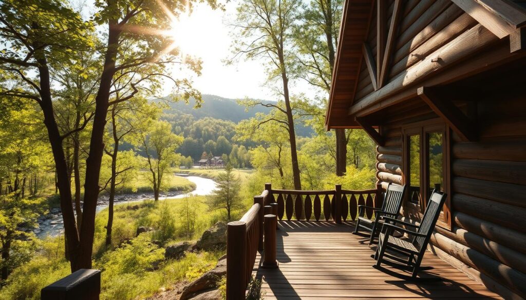 A cozy, rustic flat branch lodge nestled in the lush, verdant Cumberland Plateau of Tennessee. The weathered wooden exterior, with its pitched roof and large windows, invites visitors to step inside and experience the tranquility of this hidden retreat. Sunlight filters through the tall trees, casting a warm, natural glow over the scene. The lodge's inviting porch, adorned with rocking chairs, beckons guests to pause and take in the serene surroundings. In the distance, a gentle stream winds its way through the rolling hills, adding to the soothing ambiance. This image captures the essence of a peaceful, healing hideaway in the heart of the Tennessee wilderness.