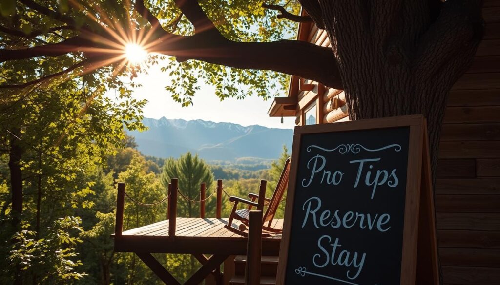 A cozy, rustic treehouse nestled in the lush, verdant forests of Asheville, North Carolina. Sunlight filters through the canopy, casting a warm, golden glow on the weathered wooden exterior. A charming porch with rocking chairs invites you to relax and soak in the serene, western ambiance. In the foreground, a chalkboard sign displays "Pro Tips Reserve Stay" in elegant calligraphy, hinting at the insider knowledge waiting within. The background features a picturesque mountain range, their peaks capped with a dusting of snow, conveying a sense of peaceful isolation. An atmospheric, inviting scene that captures the essence of a perfect treehouse retreat.