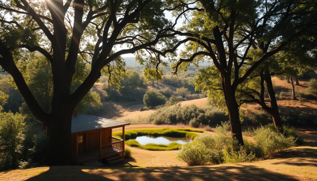 A cozy, secluded outdoor oasis nestled in the lush, verdant forests of Georgia. In the foreground, a charming tiny home with a rustic wooden exterior and a wraparound porch, inviting couples to bask in the tranquil solitude. Dappled sunlight filters through the canopy of towering oak trees, casting a warm, golden glow over the scene. In the middle ground, a small, secluded pond reflects the serene landscape, its still waters mirroring the surrounding foliage. The background features a rolling, hilly terrain dotted with wildflowers and dense, untamed shrubbery, creating a sense of privacy and seclusion. An intimate, romantic atmosphere permeates the entire scene, perfect for couples seeking a quiet, peaceful retreat.