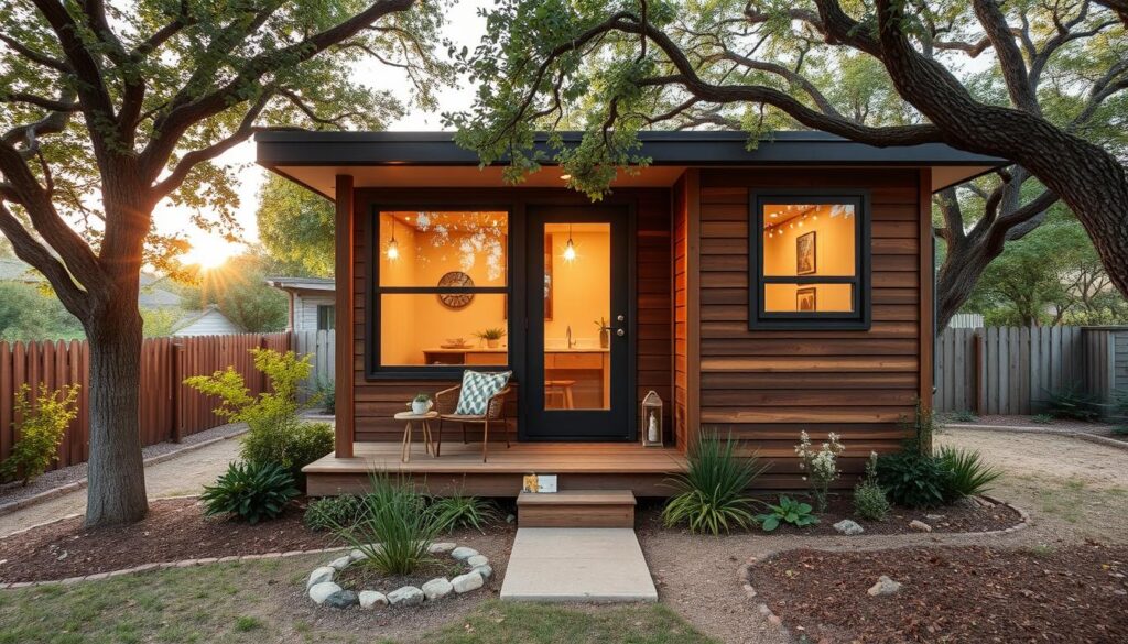 A cozy, single-story tiny home nestled in the heart of Austin, Texas, surrounded by lush greenery and a tranquil neighborhood. The house features a charming wooden exterior with a porch that invites you to pause and take in the stillness. Large windows flood the interior with warm, natural light, creating a serene and introspective atmosphere. The minimalist design, with clean lines and neutral tones, encourages a sense of simplicity and mindfulness. A small garden in the front yard adds a touch of whimsy, while the landscaping seamlessly blends the structure with its picturesque setting. The overall impression is one of quiet elegance and a retreat from the bustling city, inviting the viewer to find solace and contemplation in this tiny, yet inviting, Texas abode.