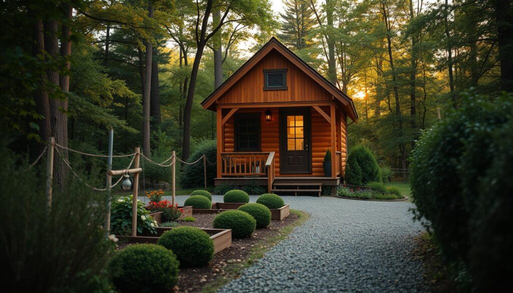 A cozy tiny home nestled in the heart of central North Carolina, surrounded by lush greenery and a charming rustic ambiance. The structure is a warm, wood-paneled cabin with a pitched roof, accented by decorative trim and a covered porch. In the foreground, a gravel path leads to the home, flanked by neatly trimmed shrubs and flowers. The middle ground features a small garden with raised beds, while the background showcases a dense forest, providing a natural backdrop. Soft, diffused lighting filters through the trees, creating a dreamy, romantic atmosphere. The overall scene conveys a sense of tranquility and seclusion, yet with easy access to the nearby downtown area.
