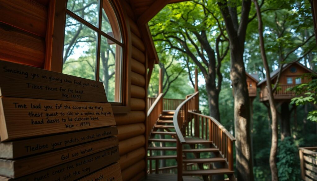 A cozy treehouse nestled in a lush Georgia forest, with a warm, rustic atmosphere. The foreground features a stack of wooden signs displaying glowing guest reviews, their handwritten text visible. A large window offers a panoramic view of the surrounding treetops, bathed in soft, natural lighting. In the middle ground, a winding staircase leads up to the treehouse's entrance, framed by verdant foliage. The background reveals more treehouses peeking through the canopy, creating a sense of a secluded, elevated retreat. The overall mood is one of tranquility, escapism, and authentic connection with nature.