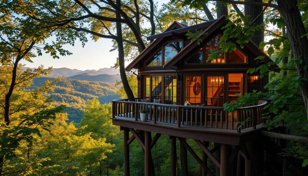 A cozy treehouse nestled in the lush, verdant foliage of the Smoky Mountains near Gatlinburg, Tennessee. The structure is elevated on sturdy wooden beams, its rustic exterior seamlessly blending with the surrounding natural environment. Large windows provide panoramic views of the rolling hills and distant peaks. Warm, golden light filters through the canopy of trees, creating a welcoming and serene atmosphere. The treehouse's design features intricate wooden details, complemented by earthy tones and natural materials. A peaceful sanctuary amidst the tranquil wilderness, perfect for a rejuvenating retreat.