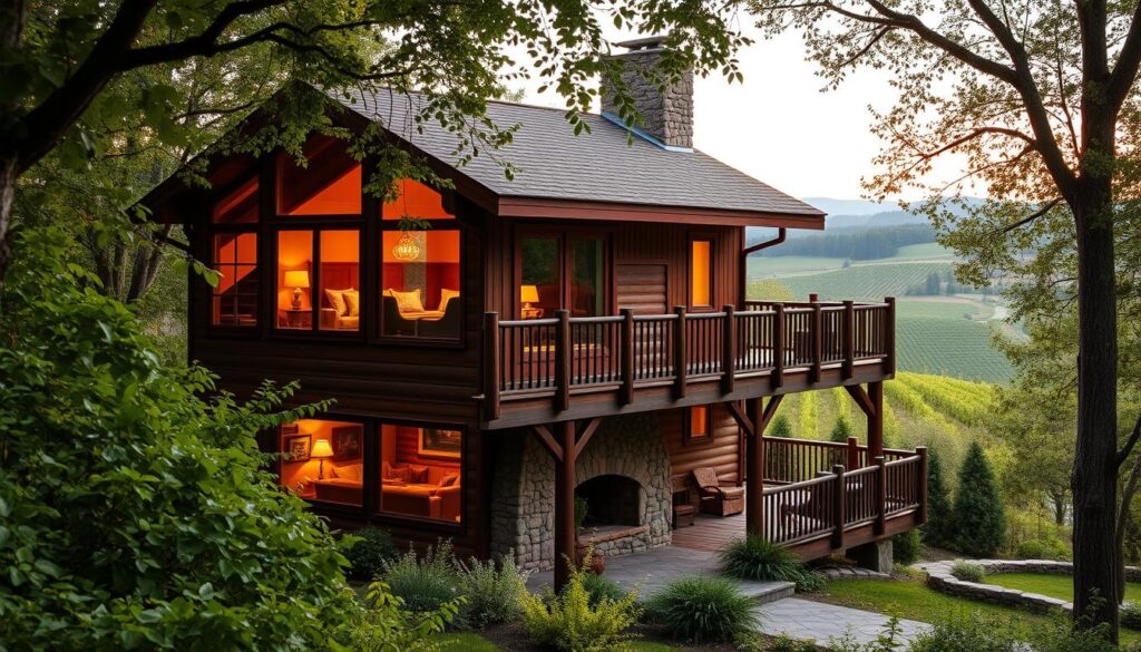 A cozy, two-story redwood cabin nestled amidst lush, verdant foliage. The rustic exterior features weathered boards and a wrap-around porch, inviting you to relax and unwind. Inside, warm lighting casts a soft glow, illuminating the natural wood accents and plush furnishings. Large windows offer sweeping views of the rolling hills and vineyards beyond, creating a serene, pastoral atmosphere. A stone fireplace crackles, radiating coziness throughout the space. The overall scene evokes a sense of tranquility and seclusion, perfectly capturing the essence of a peaceful wine country getaway.