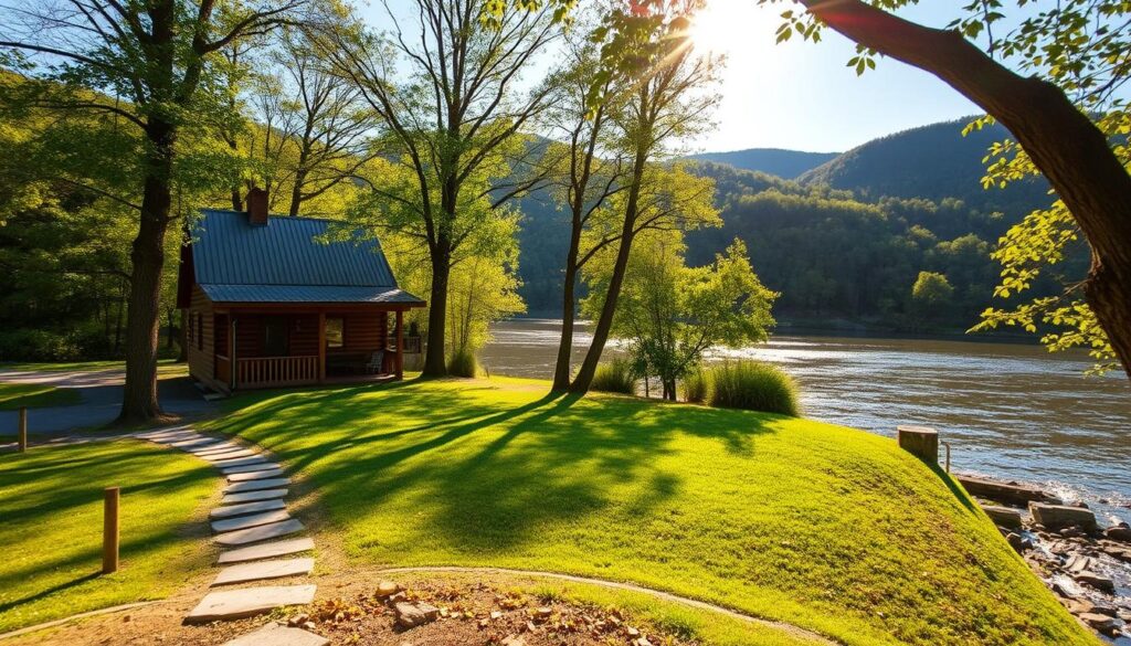 A cozy value-oriented cabin nestled along the banks of a serene Tennessee river. The modest two-story structure features a rustic wooden exterior with a covered porch, inviting guests to relax and soak in the tranquil natural surroundings. Warm afternoon sunlight filters through the trees, casting a soft glow over the scene. In the foreground, a small stone path leads to the cabin's entrance, while in the middle ground, a lush green lawn slopes down to the gently flowing river. In the background, rolling hills and dense forest create a picturesque, budget-friendly riverside retreat.